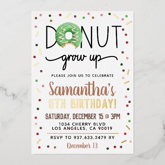 クリスマスドーナツ成長誕生日フォイル招待状 箔招待状 (正面)