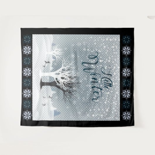 クリスマスナイトおとぎ話ファンタジー雪の森 タペストリー (正面(横))