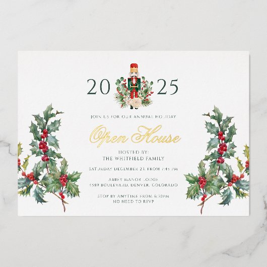 クリスマスナツクラッカーオープンハウスホリデイ金ゴールド 箔招待状 (正面)