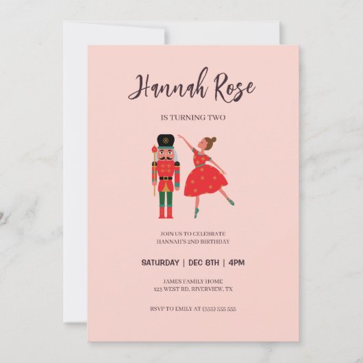 クリスマスナツクラッカーバレリーナベビーガール誕生日 招待状 (正面)