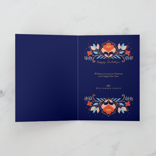 クリスマスナツクラッカーフローラフォークアート深いブルー シーズンカード (内部)