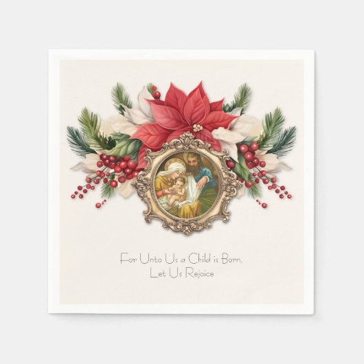 クリスマスナプキン：イエス・ポインセティアスの出生 スタンダードカクテルナプキン (正面)