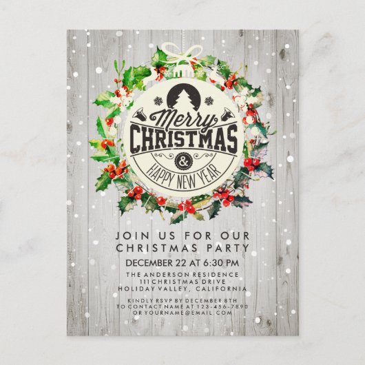 クリスマスニューイヤーホリデーパーティーホリーリーススノー ポストカード (正面)