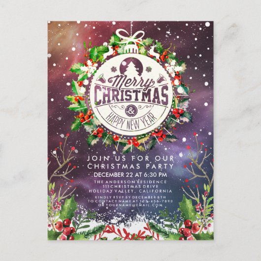クリスマスニューイヤーホリデーパーティーホリーリーススノー ポストカード (正面)