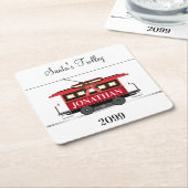 クリスマスニューイヤー赤いトラムトロリー路面電車 スクエアペーパーコースター (アングル)