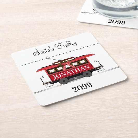 クリスマスニューイヤー赤いトラムトロリー路面電車 スクエアペーパーコースター (アングル)