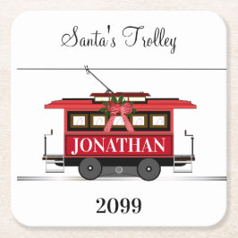 クリスマスニューイヤー赤いトラムトロリー路面電車 スクエアペーパーコースター