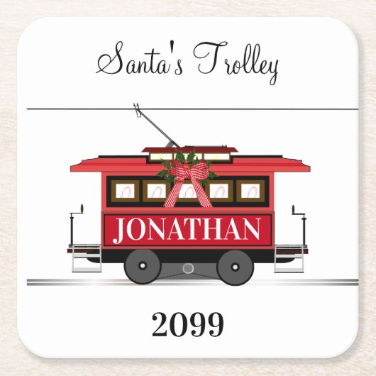 クリスマスニューイヤー赤いトラムトロリー路面電車 スクエアペーパーコースター (正面)