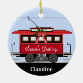 クリスマスニューイヤー赤いトラムトロリー路面電車 セラミックオーナメント (裏面)