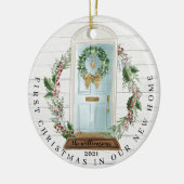 クリスマスニューホームティール（緑がかった色）ブルーウォーターカラードアフォト セラミックオーナメント (左)