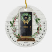 クリスマスニューホームブラックウォーターカラードアフォト セラミックオーナメント (正面)