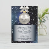 クリスマスネイビーブルーホワイトオーナメント光沢のある星 招待状 (スタンド正面)