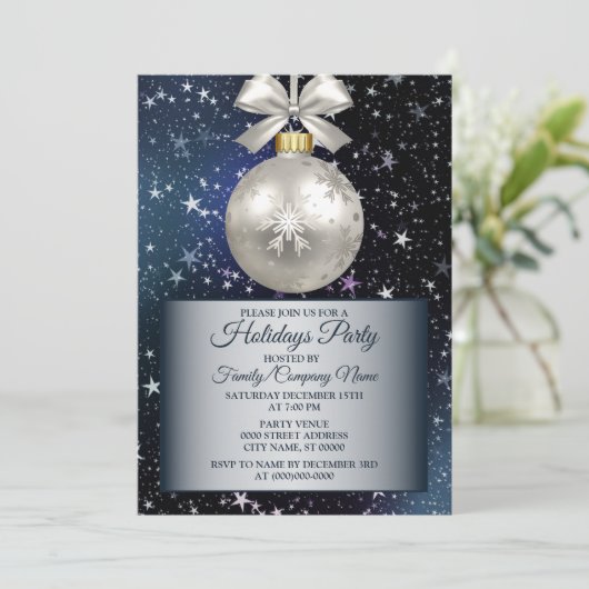クリスマスネイビーブルーホワイトオーナメント光沢のある星 招待状 (スタンド正面)