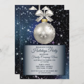 クリスマスネイビーブルーホワイトオーナメント光沢のある星 招待状 (正面/裏面)