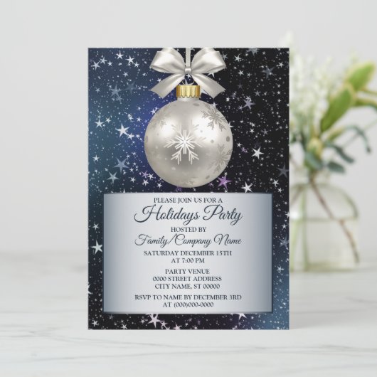 クリスマスネイビーブルーホワイトオーナメント光沢のある星 招待状 (スタンド正面)