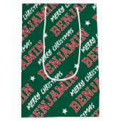 クリスマスネームタイポグラフィーグリーン レッド ミディアムペーパーバッグ (裏面)