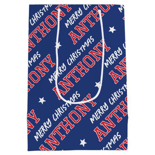 クリスマスネームタイポグラフィーレッドネイビーブルー ミディアムペーパーバッグ (裏面)