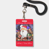 クリスマスネームバッジサンタとトナカイおもしろい バッジ (正面（ネックストラップ付）)