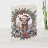 クリスマスハイランド牛のヴィンテージリース家族の写真 サンキューカード (正面)