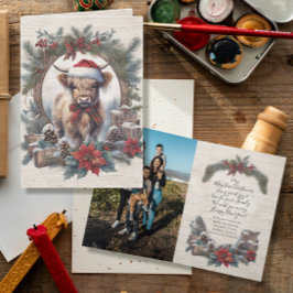 クリスマスハイランド牛のヴィンテージリース家族の写真 サンキューカード