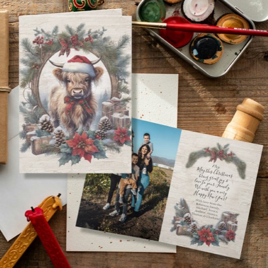 クリスマスハイランド牛のヴィンテージリース家族の写真 サンキューカード