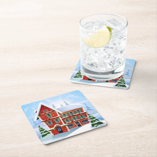 クリスマスハウスお祝い スクエアペーパーコースター (インサイチュ)