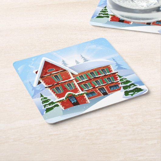 クリスマスハウスお祝い スクエアペーパーコースター (アングル)