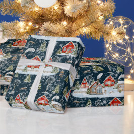 クリスマスハウスウォーターカラーパターン ラッピングペーパー