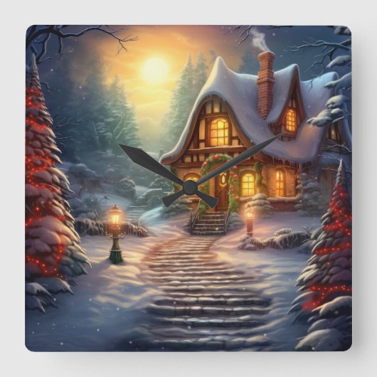 クリスマスハウスウォールクロック スクエア壁時計 (正面)