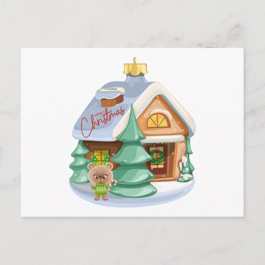 クリスマスハウスオーナメントと可愛いテディベア シーズンポストカード (正面)