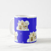 クリスマスハウスパターン – 青い背景 コーヒーマグカップ (正面左)