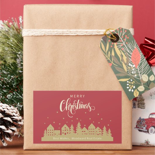 クリスマスハウスレッドレトロ | 不動産仲介業者パーソナライズされた 長方形シール (クリスマス)