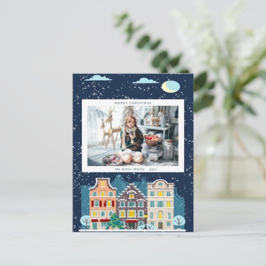 クリスマスハウス雪メリークリスマスフォト ポストカード (スタンド正面)