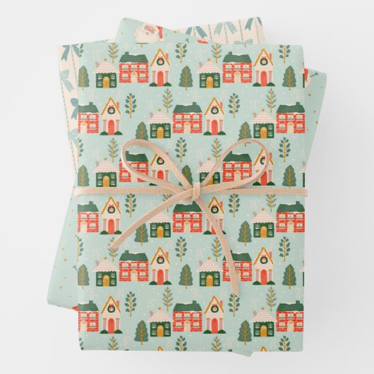 クリスマスハウス、サンタクロース、霜の降りた弓 ラッピングペーパーシート (インサイチュ)