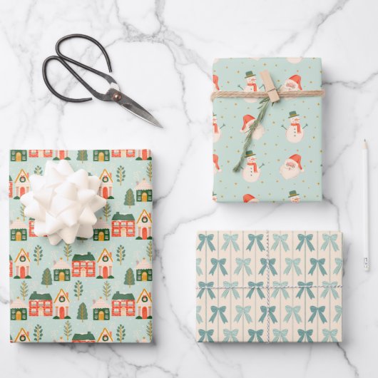 クリスマスハウス、サンタクロース、霜の降りた弓 ラッピングペーパーシート (正面)