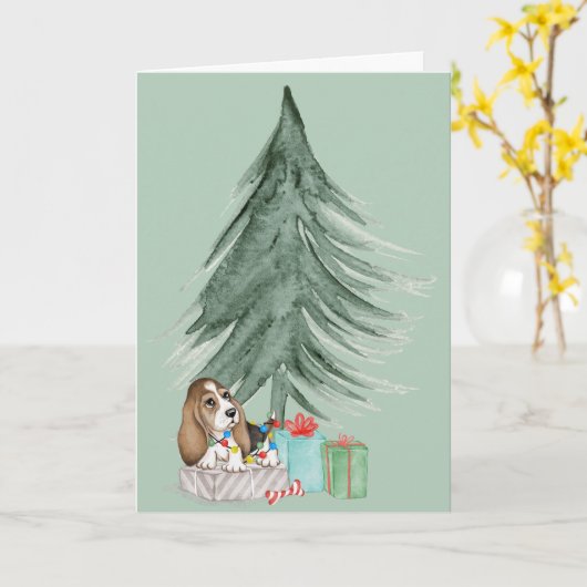 クリスマスハウンド犬 カード (黄色い花)