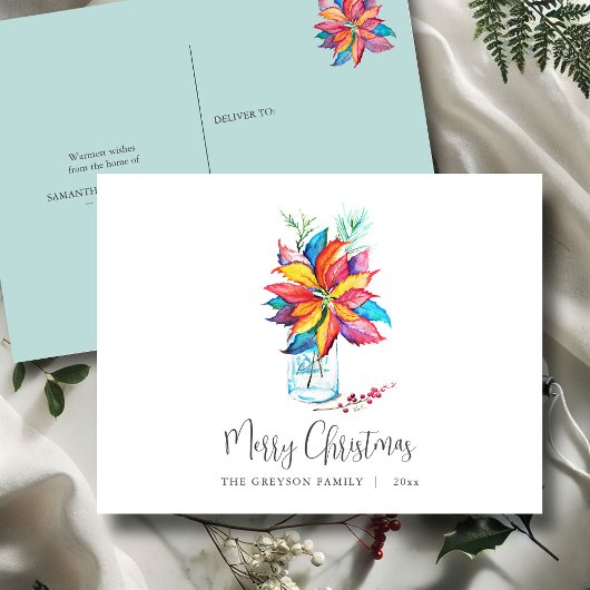 クリスマスハガキカラフルボタニカルポインセチア シーズンポストカード
