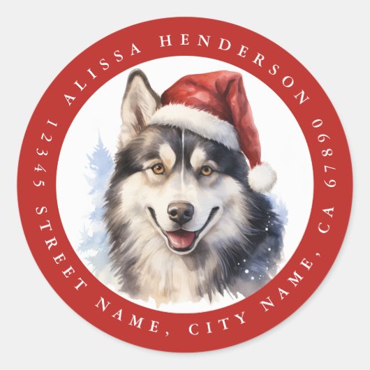 クリスマスハスキー犬の丸シール ラウンドシール (正面)