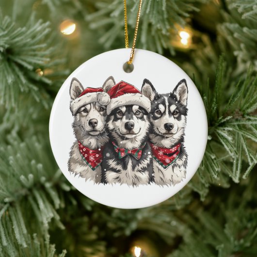 クリスマスハスキー犬 セラミックオーナメント (ツリー)