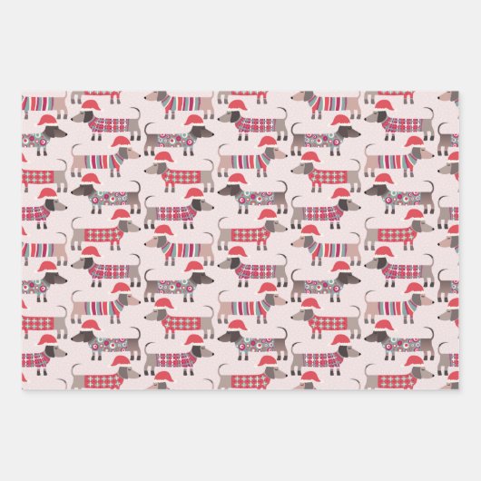 クリスマスハットとニットのダックスフントのソーセージ犬 ラッピングペーパーシート (正面)