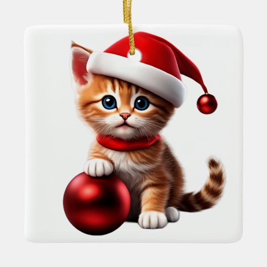 クリスマスハットと赤いクリスマスボールがかわいい猫 セラミックオーナメント (正面)