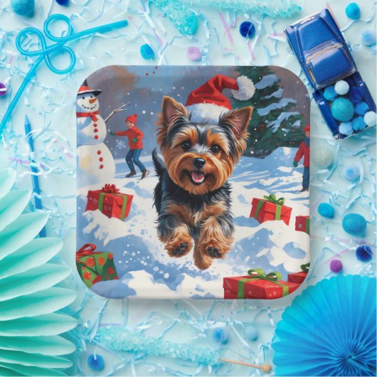 クリスマスハットと雪のヨークシャー・テリア ペーパープレート (パーティー)