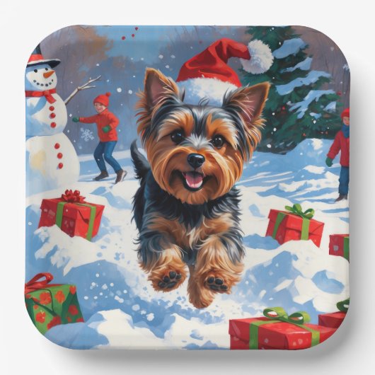 クリスマスハットと雪のヨークシャー・テリア ペーパープレート (正面)