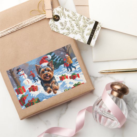 クリスマスハットと雪のヨークシャー・テリア 長方形シール (ギフト)
