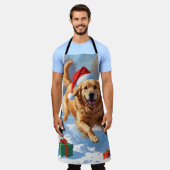 クリスマスハットと雪の中のゴールデンレトリバー エプロン (着用した状態)