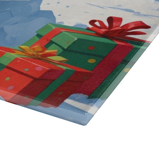 クリスマスハットと雪の中のゴールデンレトリバー カッティングボード (角)