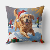 クリスマスハットと雪の中のゴールデンレトリバー クッション (裏面)
