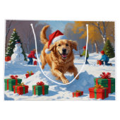 クリスマスハットと雪の中のゴールデンレトリバー ラージペーパーバッグ (裏面)