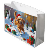 クリスマスハットと雪の中のゴールデンレトリバー ラージペーパーバッグ (裏面アングル)