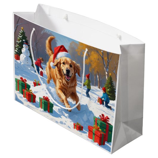 クリスマスハットと雪の中のゴールデンレトリバー ラージペーパーバッグ (裏面アングル)